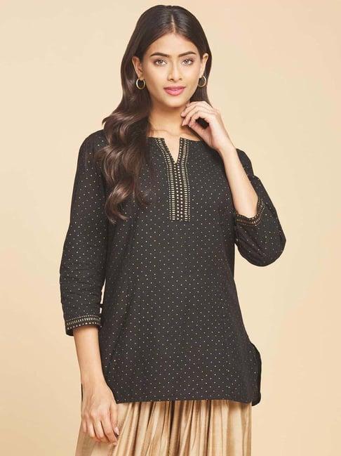 fabindia black cotton polka dots straight kurti