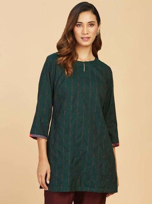 fabindia green striped straight kurti with stole