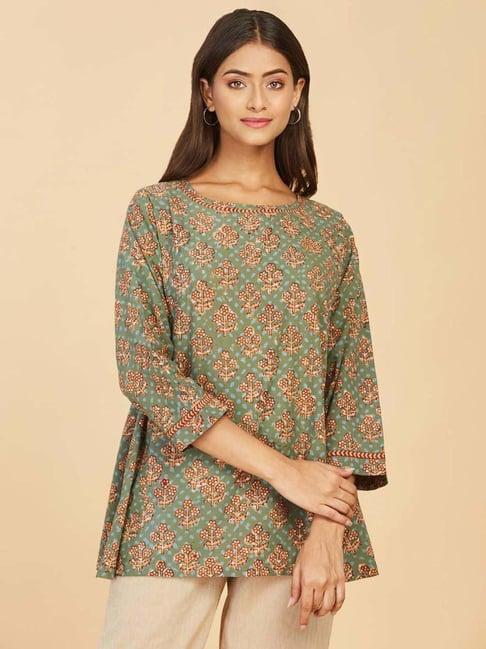 fabindia green cotton floral print straight kurti