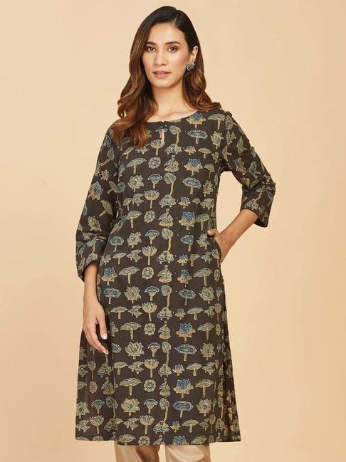 fabindia brown cotton floral print straight kurta