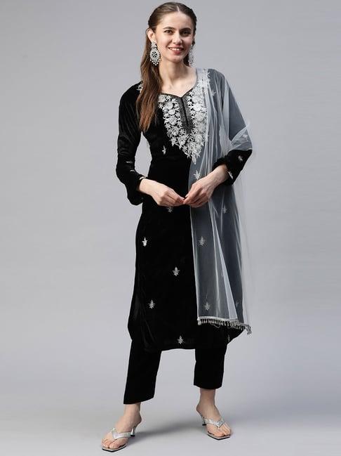 shades black embroidered kurta pant set with dupatta