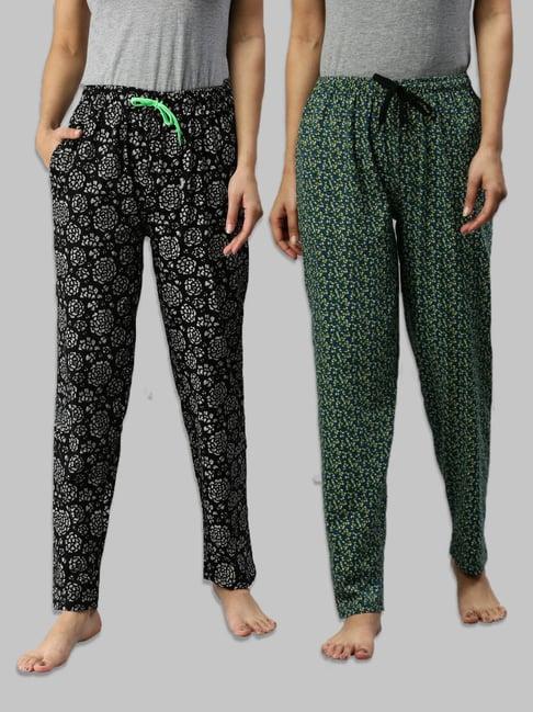 kryptic green & black printed pure cotton elasticated waist band regular fit pyjamas - pack of 2