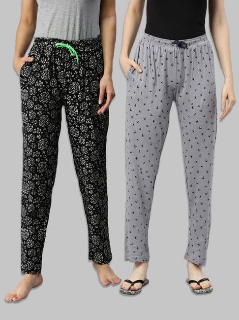 kryptic black & grey printed pure cotton elasticated waist band regular fit pyjamas - pack of 2