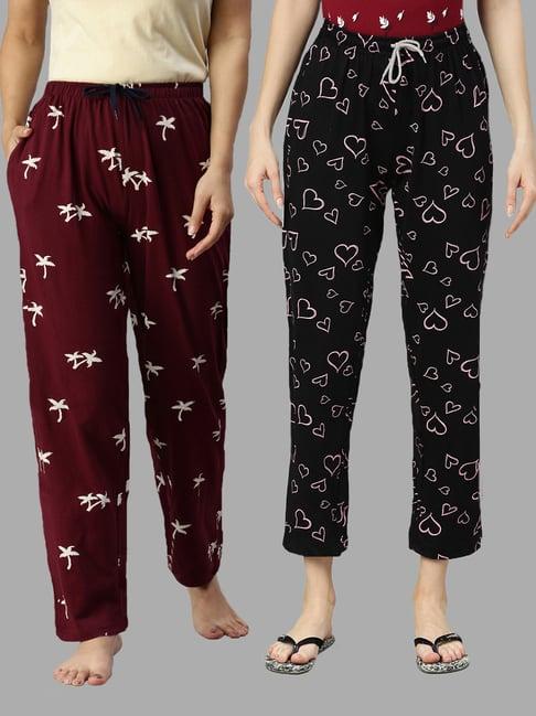 kryptic burgundy & black printed pure cotton elasticated waist band regular fit pyjamas - pack of 2