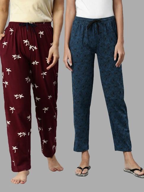 kryptic teal & burgundy printed pure cotton elasticated waist band regular fit pyjamas - pack of 2