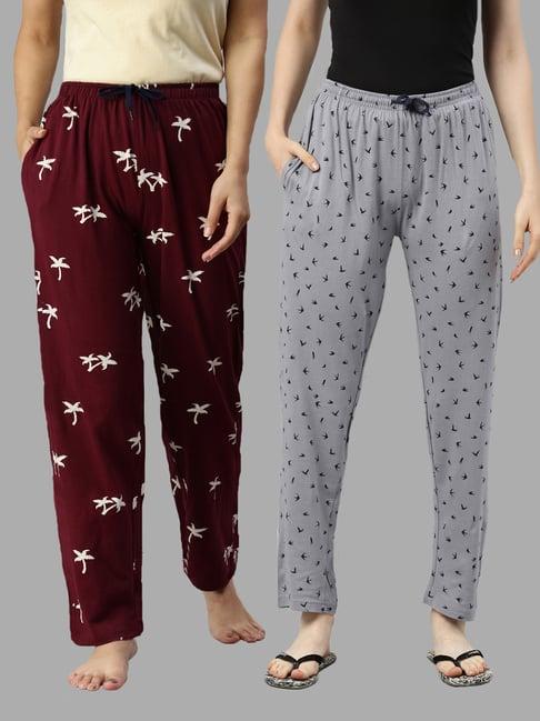 kryptic burgundy & grey printed pure cotton elasticated waist band regular fit pyjamas - pack of 2