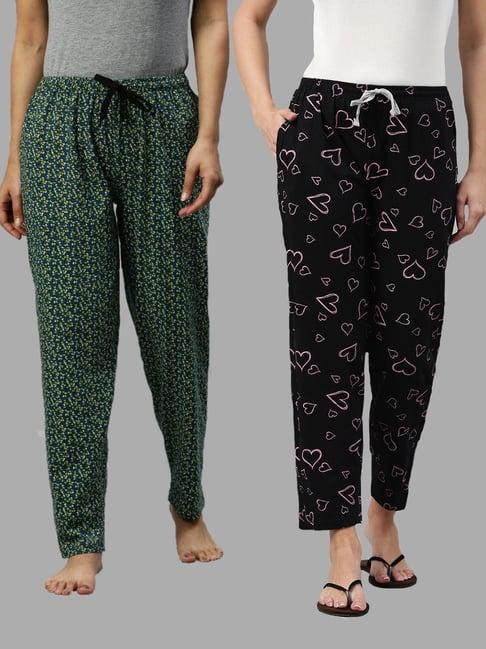 kryptic black & green printed pure cotton elasticated waist band regular fit pyjamas - pack of 2