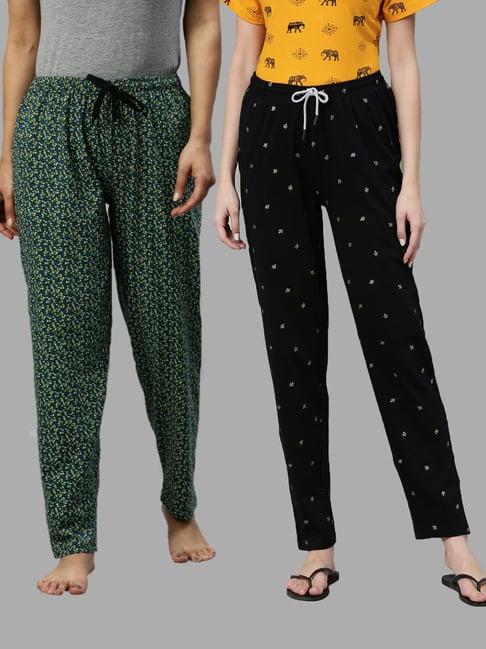 kryptic green & black printed pure cotton elasticated waist band regular fit pyjamas - pack of 2