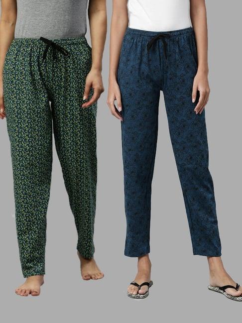 kryptic teal & green printed pure cotton elasticated waist band regular fit pyjamas - pack of 2