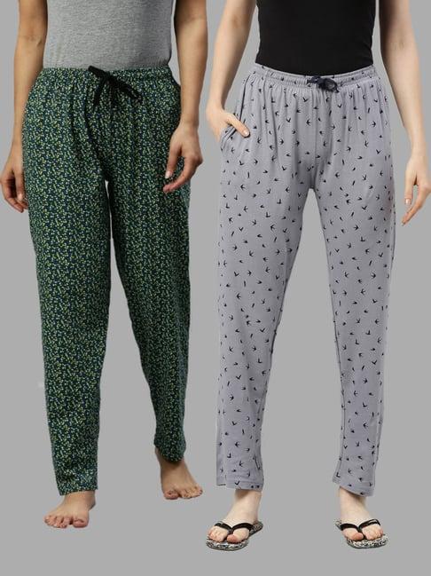 kryptic green & grey printed pure cotton elasticated waist band regular fit pyjamas - pack of 2