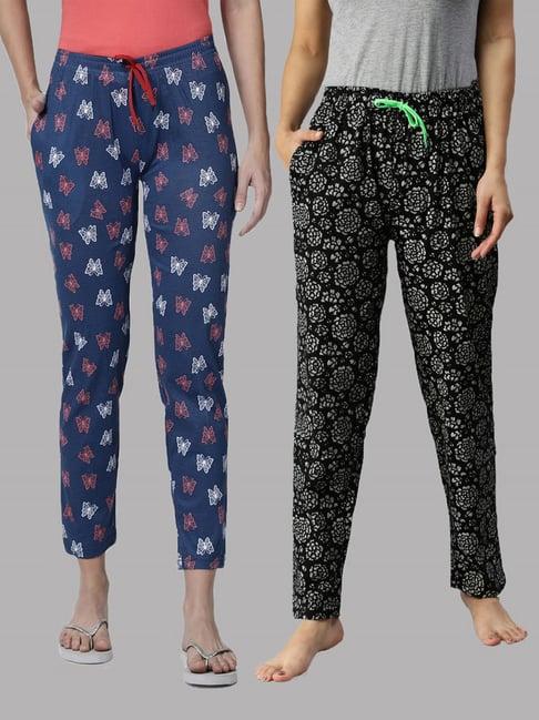 kryptic black & blue printed pure cotton elasticated waist band regular fit pyjamas - pack of 2