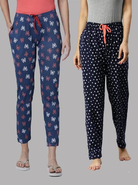 kryptic navy & blue printed pure cotton elasticated waist band regular fit pyjamas - pack of 2