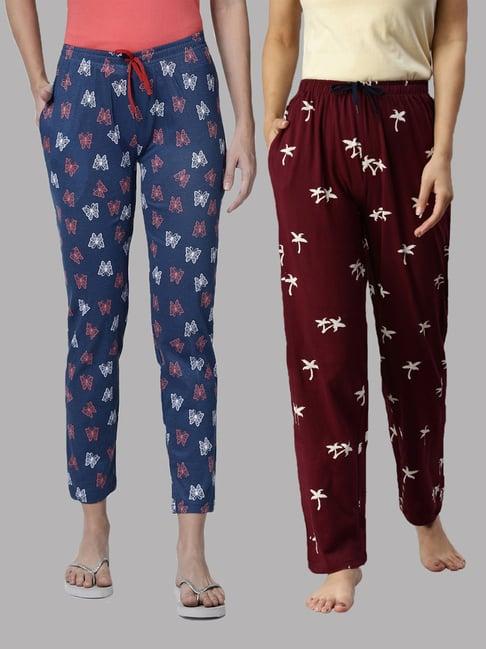 kryptic maroon & blue printed pure cotton elasticated waist band regular fit pyjamas - pack of 2