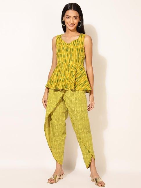 fabbasics by fabindia lime yellow cotton printed top dhoti pant set