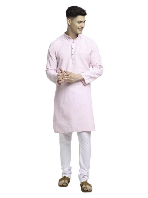 benstoke pink & white cotton regular fit self pattern kurta bottom sets