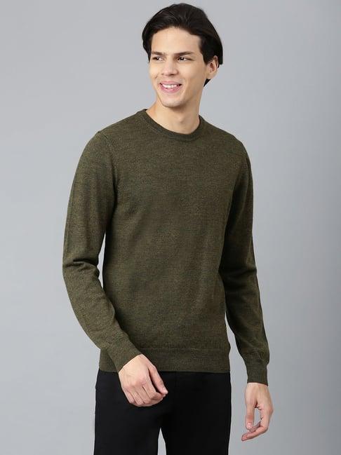 woods dark green regular fit round neck sweater