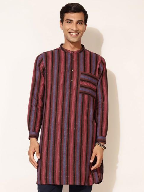 fabindia red & blue cotton slim fit striped kurta