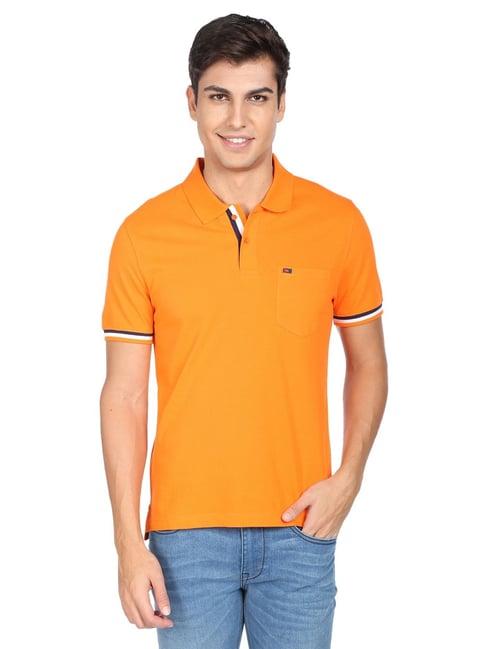 ad by arvind orange cotton slim fit polo t-shirt