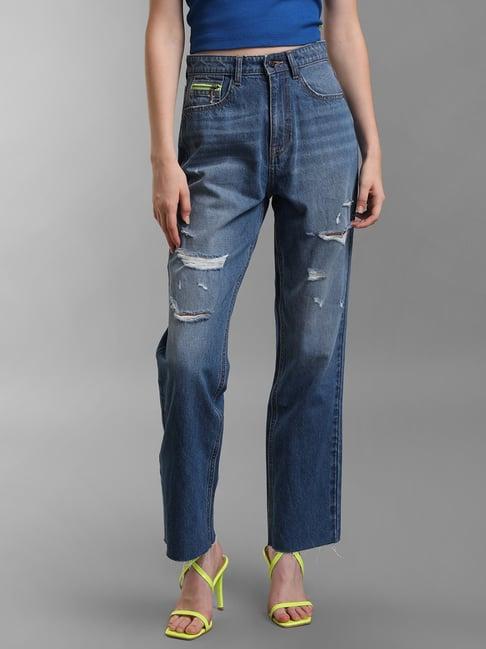 kz07 by kazo blue distressed regular fit high rise jeans