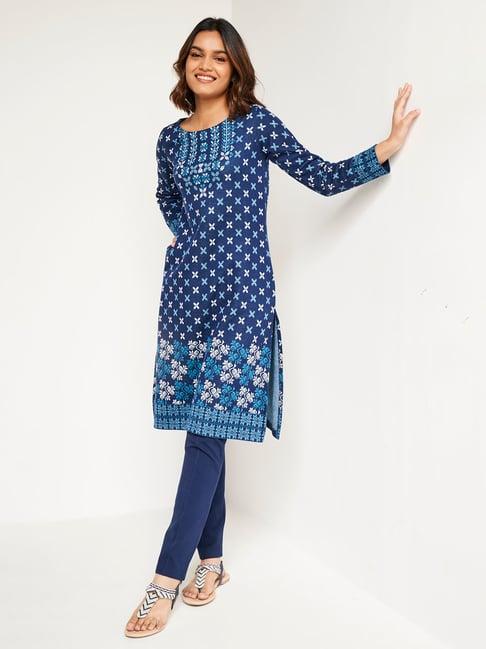 global desi blue floral a line kurta