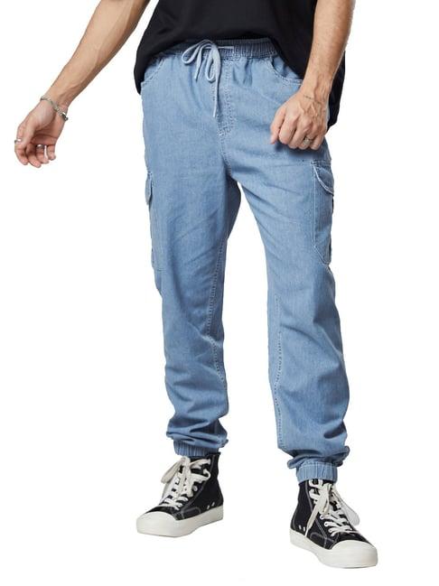 the souled store blue regular fit lightly washed jogger jeans