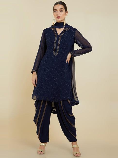 soch navy embellished kurta dhoti pant set with dupatta