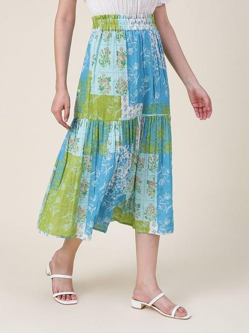 fabindia blue cotton printed a-line skirt