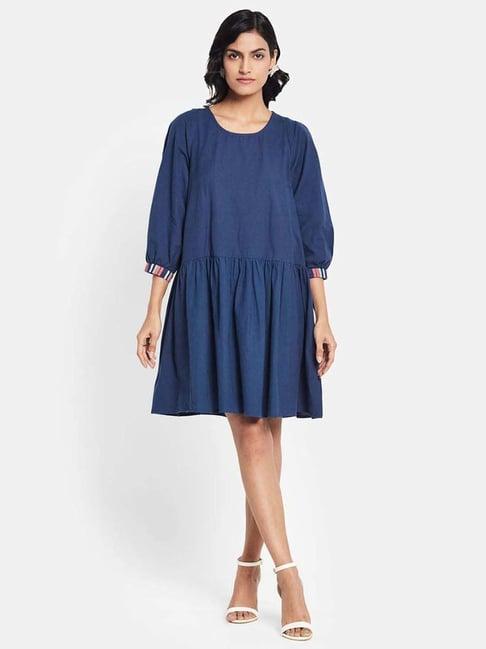 fabindia navy cotton linen a-line dress