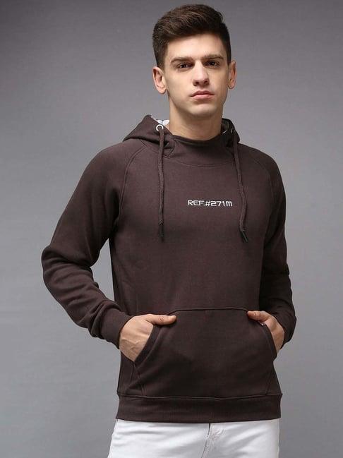 showoff coffee brown cotton regular fit hooded sweatshirt