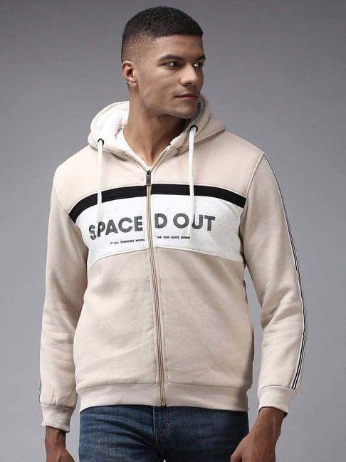 showoff beige cotton regular fit printed hooded sweatshirt