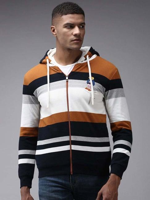 showoff multi cotton regular fit striped hooded sweatshirt