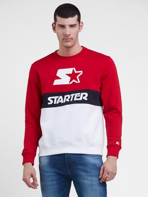 starter white & red regular fit round neck sweatshirt