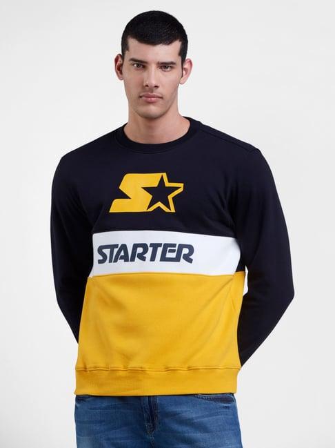 starter yellow & navy regular fit round neck sweatshirt