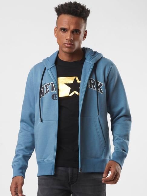 starter blue regular fit printed hooded sweatshirt