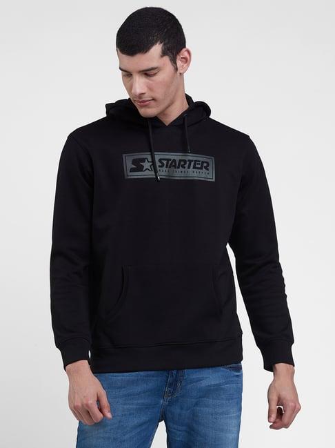 starter black regular fit printed hooded sweatshirt