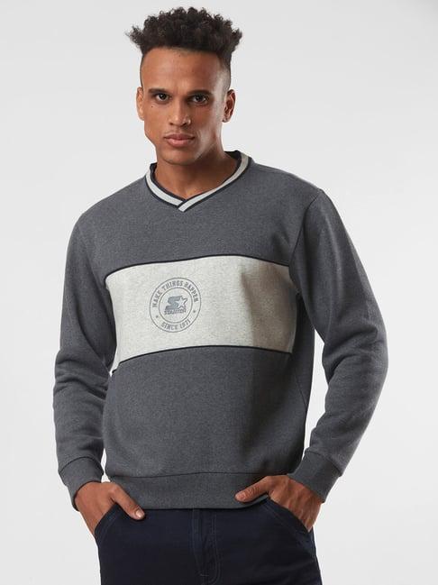 starter dark grey melange regular fit v neck sweatshirt