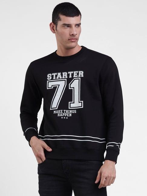 starter jet black regular fit round neck printed sweatshirt