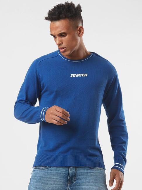 starter royal blue regular fit round neck printed cotton sweater