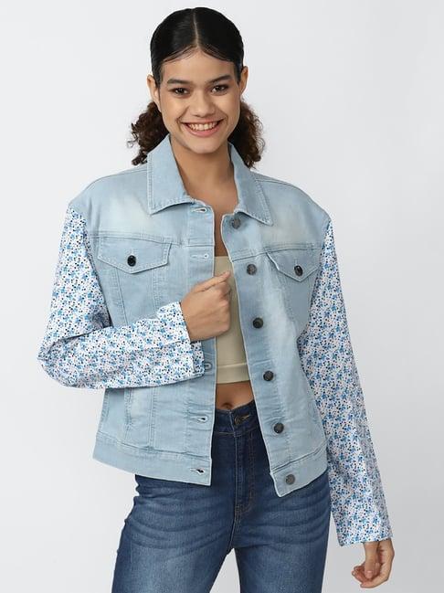 forever 21 light blue printed denim jacket