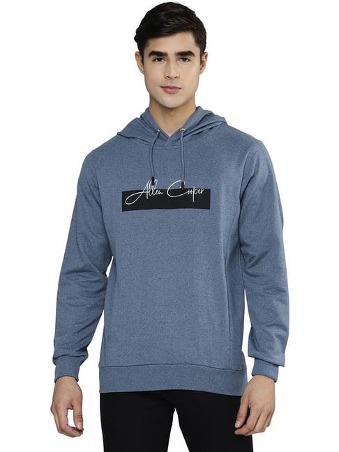 allen cooper blue melange regular fit printed hooded sweatshirt