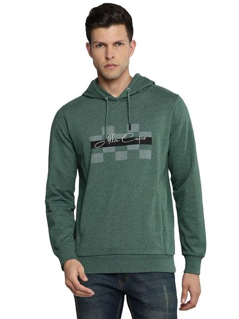 allen cooper olive melange regular fit printed hooded sweatshirt