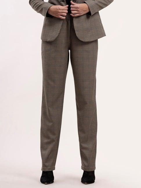 fablestreet brown & black cotton checks regular fit mid rise trousers