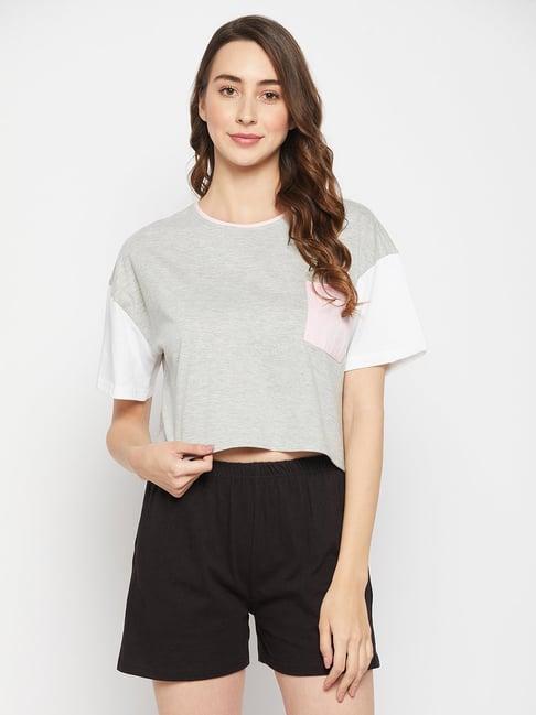 clovia grey color-block cotton t-shirt