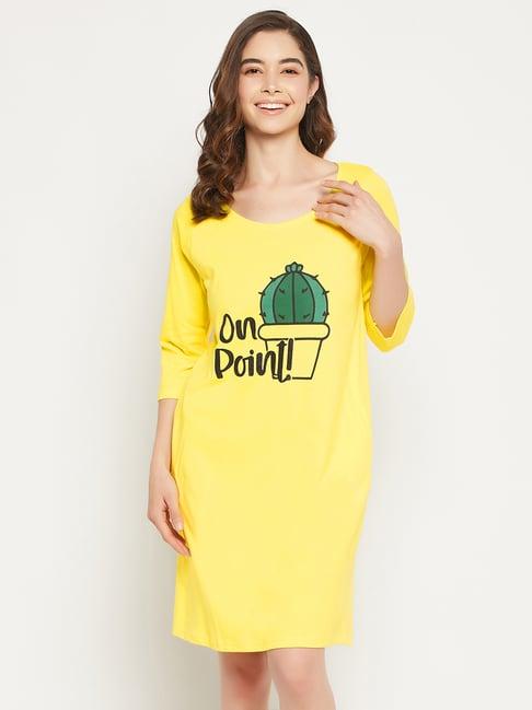 clovia yellow cotton printed night dress