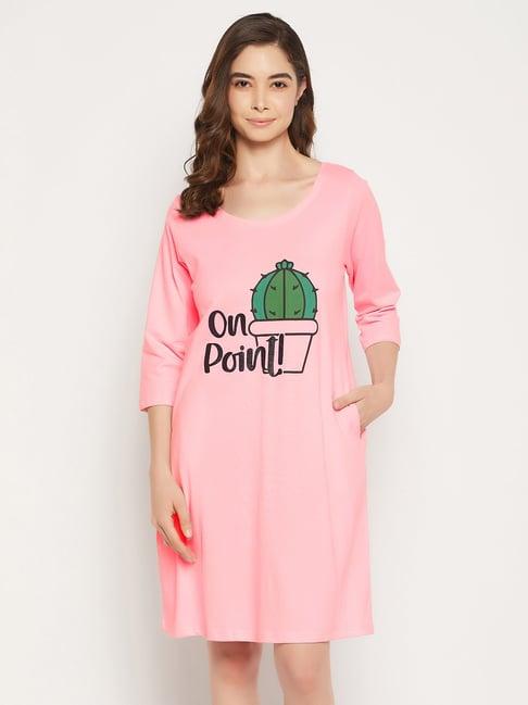 clovia pink cotton printed night dress