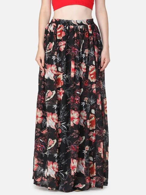 cation black floral pattern maxi skirt