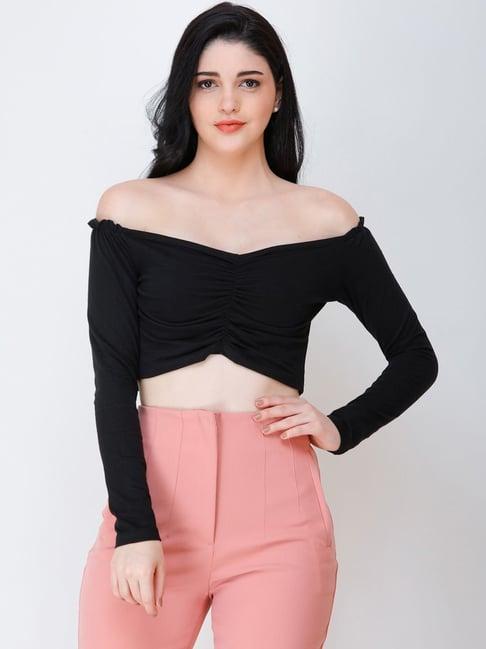 cation black off shoulder crop top