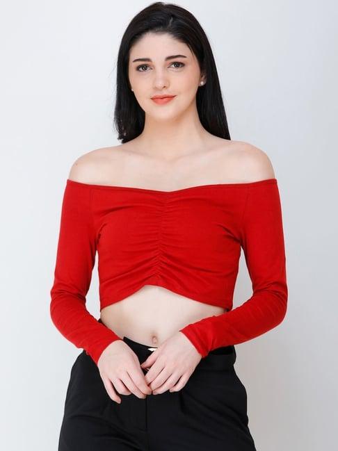 cation maroon off shoulder crop top