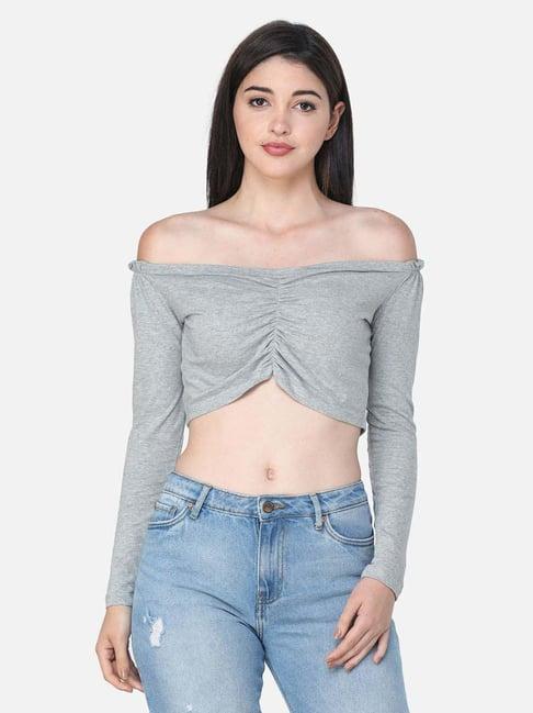 cation grey off-shoulder crop top