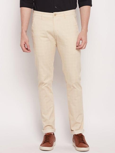 cantabil beige regular fit check flat front trousers